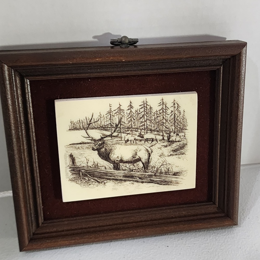 Vintage Framed Scrimshaw Style Elk Wilderness Art Rustic Cabin Decor 7x6
